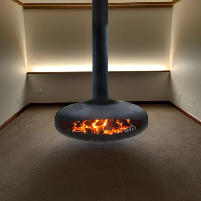 ceiling mounted wood burning suspended fireplace